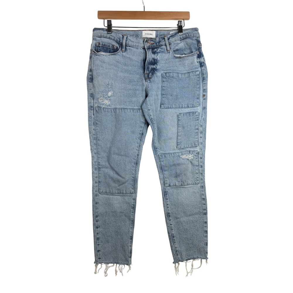 Frame Le Garcon Patchwork Distressed Slim Boyfriend Raw Hem Jeans size 28 Blue
